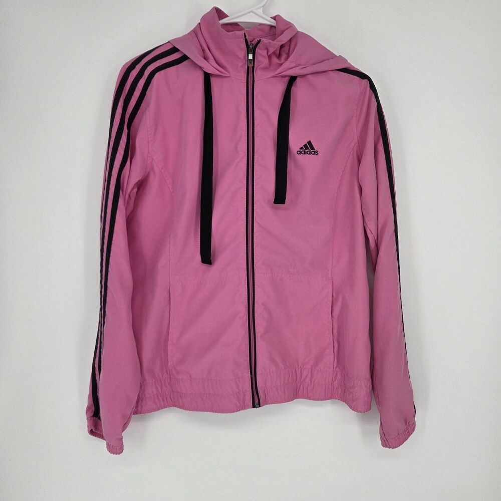 Adidas Womens Pink Black Zip Up Track Jacket Medium Hoodie 3-Stripes Athleisure